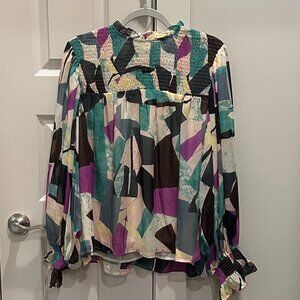 Abstract Smocked Flowy Blouse